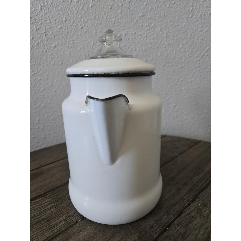 Vintage White & Black Enamelware Coffee Pot Percolator Camping Farmhouse Retro